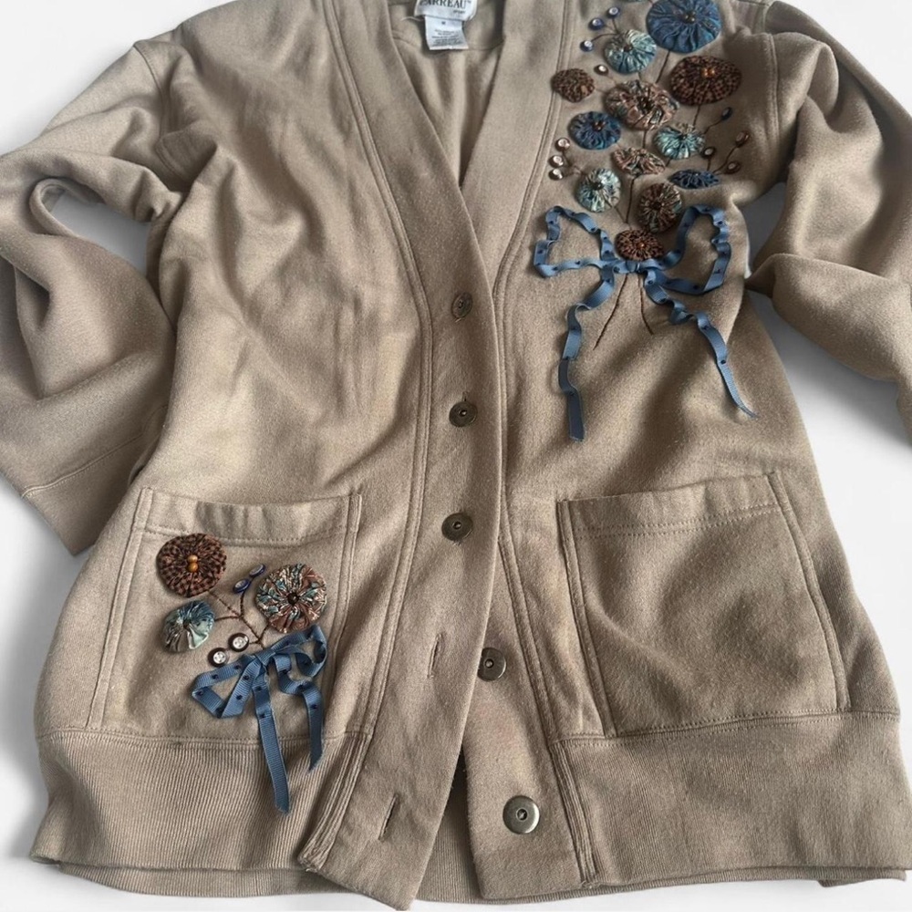 Vintage CARREAU Sport 3D Floral Sweatshirt Cardigan Jacket Bows Cottage Sz M - Picture 2 of 7